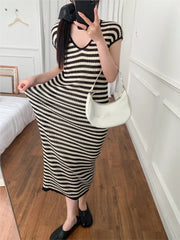 2025 Short Sleeve Stripe Knit Long Dress V-neck Thin Hollow Out Casual Dress High Stretchy Summer Vacation Beach Female Cloth