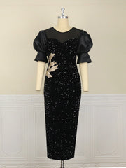 Pbong mid size graduation outfit romantic style teen swag clean girl ideas 90s latina aestheticWomen Black Long Dress Sequined Shiny Glitter Embroidered Chest Wrapped Puff Sleeve Classy Winter Fall Party Celebrity Birthday