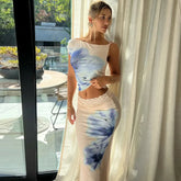 Summer Flower Print Skirt 2 Piece Set Women One Shoulder Crop Tops+Stretch Long Skirts Suit Female Vacation Trend Beach Outfits