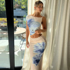 Summer Flower Print Skirt 2 Piece Set Women One Shoulder Crop Tops+Stretch Long Skirts Suit Female Vacation Trend Beach Outfits