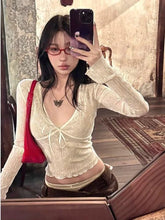 Coquette Aesthetic Mesh T Shirts Women Vintage V Neck Lace Bow Cropped Tops Y2k Sexy Slim Fit Long Sleeve Tee Shirts