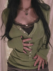 Womens Y2k Tee Crop Top Long Sleeve Lace Fairycore Grunge T-Shirts Ribbed Knit Harajuku Aesthetic Girl Tops T-Shirts Streetwear