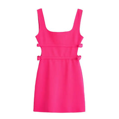 Fashion Bow Hollow Out Sleeveless Square Neck Short Dress Tight Sexy Backless Rosered Summer Dress New Female Clothing