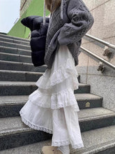 Korean Fashion White Ruffle Lace Skirt Women Fairycore Vintage High Waist Irregular Patchwork Long Skirt Cute Streetwear