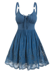 A Line Eyelet Mini Flower Embroidered Sleeveless Lace-up Dresses Skydiver Summer Casual Female Robe