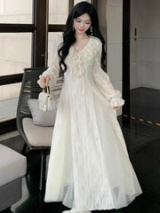Autumn Elegant Solid Ruffles Fairy Dresses Korean Fashion Slim A Line Midi Dress Women Princess Party Vestidos New
