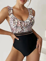 Leopard Ruffle One Piece Swimsuit Women High Waist Mesh Tape Swimwear Female Beachwear V-neck Bathing Swimming Suit Summer