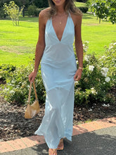 Mesh Splice Halter Long Dress For Women Sleeveless Backless Deep V neck Bodycon Dress Lady Vacation Dress Fashion Elegant