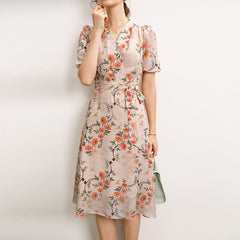 Women's Dress Summer New French V-neck Lace-up Temperament Printed Party Dress Female Casual Floral Half Sleeve A-line Dress