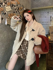 Zoki Retro Sweet Faux Lamb Coat Women Loose Preppy Style Sweet Long Sleeve Warm Jacket Korean Vintage Casual Pockets Winter Tops