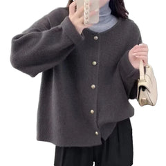 Women Sweater Cardigan Polished Gold Button Up Soft Knitted Long Sleeve Sweater Jacket Top Fall Winter Korean Ladies Chic Outfit