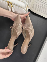 Bow Mesh Lace High Heels Slippers Pointed Toe Women Sandals Mules Shoes 2025 New Summer Trend Dress Pumps Sexy Sandalias Mujer
