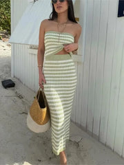 2025 New Tube Top And Long Skirts Knitting Vacation Summer Outfits Stripe Strapless Tank And Tight Skirt Sexy Beach 2 Piece Set