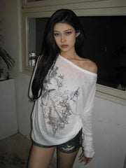 Korean Fashion Graphic Tees Women Transparent Vintage Gothic T Shirt Long Sleeve Loose Punk T-shirt Streetwear Tops