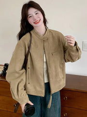 Women Faux Suede Y2K Jacket Streetwear Loose Long Sleeve Vintage Coat American Casual Harajuku Retro Stand Collar Fall Tops