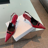 Solid Pointed Toe Slingbacks Patent Leather High Heels Buckle Strap Stiletto Pumps Metal Decor Women Shoes Sexy Shallow Zapatos