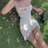 Puloru Chic Flower Print Spaghetti Straps Mini Dress for Party Beach Holiday Women Casual Sleeveless Ruched Wrapped Short Dress