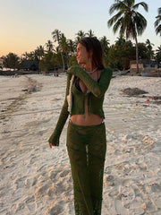 Women Sexy See Through Patchwork Long Skirt Set Fashion Long Sleeve Lace-up Shirt Tops Suit New Vocation Beach Outfits