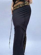 Contrast Leopard Print Slim Split Elegant Sexy Black Long Skirts Womens Vacation Outfits