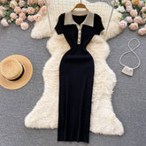 Chic Sexy Elegant Crochet Bodycon Midi Dress V Neck Turn Down Collar Slim Wrap Pencil Dress Korean Fashion Women Vestido New Y2k