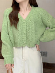 Sexy Cropped Sweet Cardigan Women V Neck Vintage Slim Long Sleeve Knitted Sweaters Korean Causal Simple Solid Lady Fall Tops New