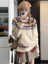 Lazy Style Pullovers Argyle Jacquard Contrast Color Autumn Winter Loose Sweater Y2k Harajuku Vintage Preppy Women Clothing
