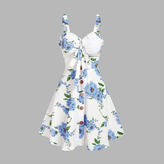 2025 Women's Beach Dresses Floral Print Vacation Sundress Garden Party Dress Summer Ruffled Bowknot Mini Dress