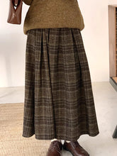 Vintage Women Long Plaid Thick Pleated Faux Woolen Skirts For Ladies Autumn Winter A-Line Loose Casual High Waist Midi Skirt SK4