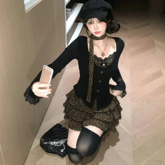 Autumn Winter American Vintage Spliced Girl Tops with Scarf Japan High Street Y2k Aesthetic Tiered Skirt Harajuku Punk Moda Sets