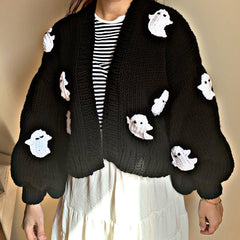 Gothic Halloween Ghost Embroidered Loose Sweater Women's Autumn Winter Warm Kawaii Long Sleeve Cardigan Sweater