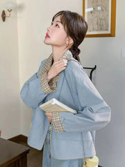 Sweet Cargo Jacket Women Loose Preppy Style Plaid Patchwork Short Coat Casual Korean Fashion Long Sleeve Fall Winter Tops