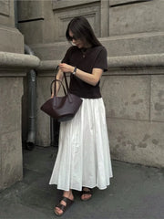 Elegant White Long Skirt Fashion Zipper A-line Pleat Skirt All-match Vacation Beach Summer Skirts Chic Female Clothing New