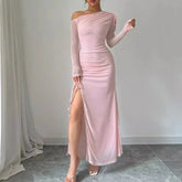 Autumn Long Sleeve Dress Women Pink Mesh Maxi Dress 2024 New Arrivals High Slit Bodycon Party Dresses Women
