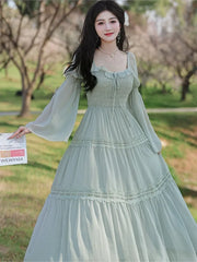 Women New Fairy Midi Dress Elegant Square Collar Lace Ruffle Sweet Dress Autumn Long Sleeve Prom Party Evening Vestidos New