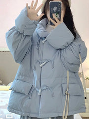 Women Fall Winter Korean Sweet Parka Jacket Retro Horn Button Regular Fit Basic Simple Casual Chic Pockets Halloween Christmas