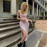 Elegant Backless Slim Long Dresses for Women,Sexy Halter,Pink Dress,High Waist,Low-Cut Satin,Bag Hip Slit,Sling Clothes,Summer