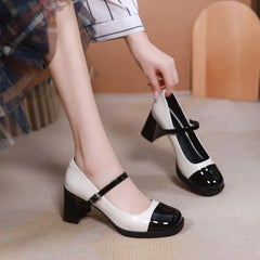 Shoes for Women High Heels Round Toe Ladies Summer Footwear White Block Heel Pumps on Heeled Mary Jane Gothic