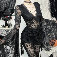 Autumn New Halloween& Party Dark Wind Temperament Lace V-Neck Bead Chain Top Women