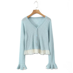 Patchwork Knitting Spring Summer Cardigan Top Women's V-neck Button Solid Casual Thin Jacket Flare Sleeve Ruffle All-match Coat