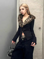 Street Hot Girl Style Leopard Print Sexy Knitted Cardigan Women's Autumn American Vintage Y2K Sweater Harajuku Casual Tops