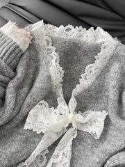 Lazy American Vintage High Street Patchwork Lace V Neck Sweaters Y2k Aesthetic Knitted Long Sleeve Clothing Harajuku Pullovers
