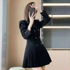 Autumn Winter New Fashion Tailored Collar Long Sleeve Solid Color Women's Clothing Korean Pleated Sweet Trend Simplicity Dresses