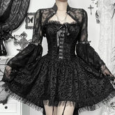 Y2K Gothic Black Lace Mesh See Through Flared Sleeve Smock Vintage Elegant Aesthetic Chains Women Fashion Tops Autumn