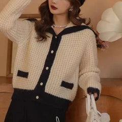 Sailor Collar Sweater Cardigan for Women Soft Waffle Knit Button Front Sweater Jacket Teen-girl Fall Winter Classic Chic Outfit