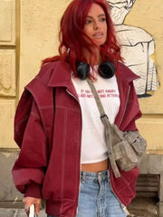 Fashion Patchwork Lapel Long Sleeve Coats Women Vintage Red Zipper Pu Leather Jacket Autumn Winter Female Casual Outerwear