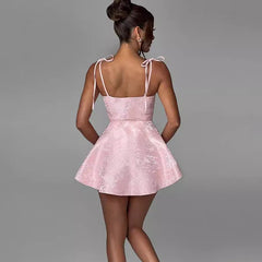Jacquard Suspender Mini Dress Women's A-line Hem Spaghetti Strap Dress Sexy Backless Lace Up Female Party Evening Outfit