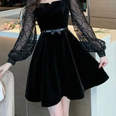 Pbong French Style Square Collar Velvet Dress Women's Autumn New Waist Cinching Slimming Dress New Long Sleeve Mini Dress