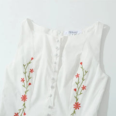 Flower Embroidery White Short Dress 2025 New Single Breasted Slim A-line Pleat Women Dress Sweet Y2K Street Female Clothes