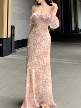 Women Sexy Slash Neck Holiday Flower Print Maxi Dresses Summer Ruffles Sleeve Slim Dress Elegant Backless Long Robe Vestidos New