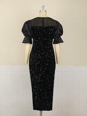 Pbong mid size graduation outfit romantic style teen swag clean girl ideas 90s latina aestheticWomen Black Long Dress Sequined Shiny Glitter Embroidered Chest Wrapped Puff Sleeve Classy Winter Fall Party Celebrity Birthday